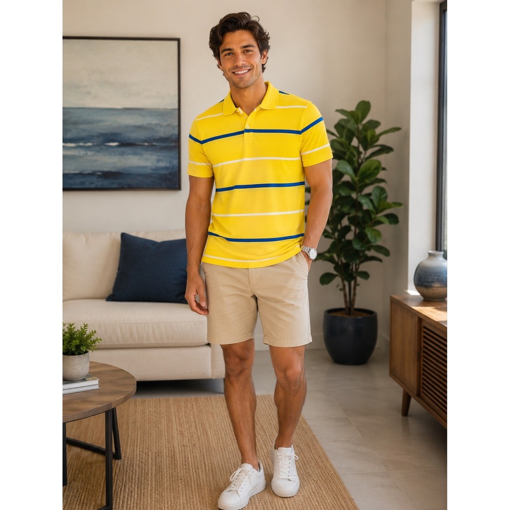 Chaps  Golf Polo Yellow Blue Striped Performance Shirt Mens L